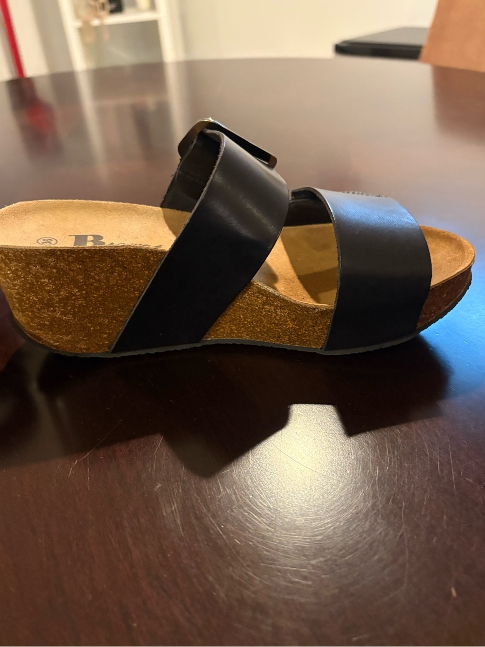 Brunate Black Cork Wedge Slide Sandals with Buckle Straps